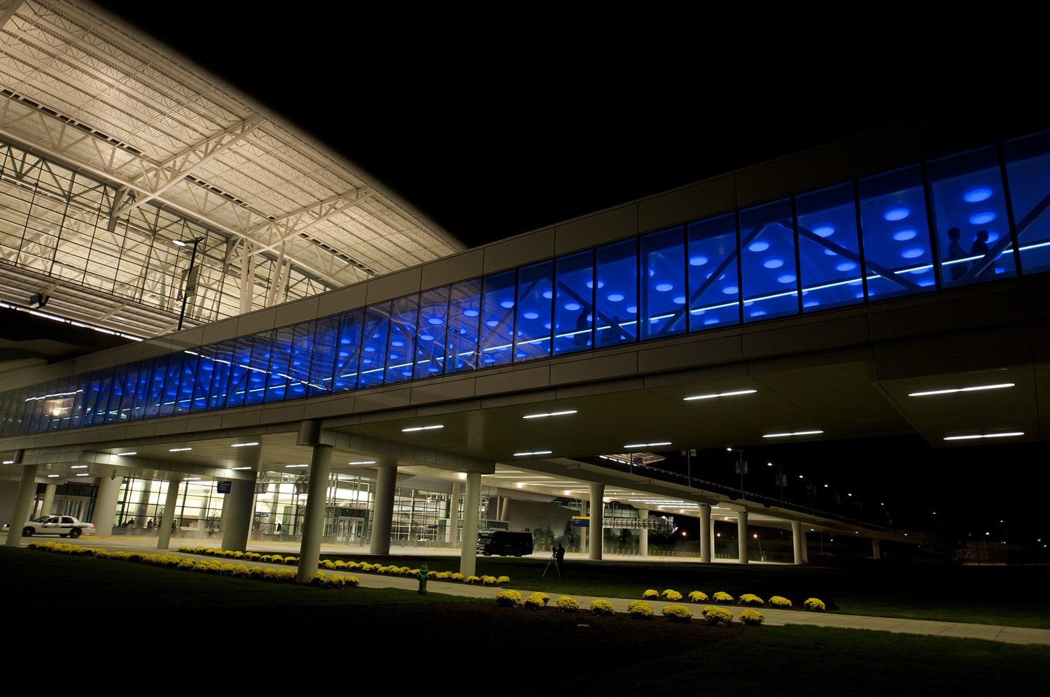 Outside photo of blue LED lights at Indianapolis airport